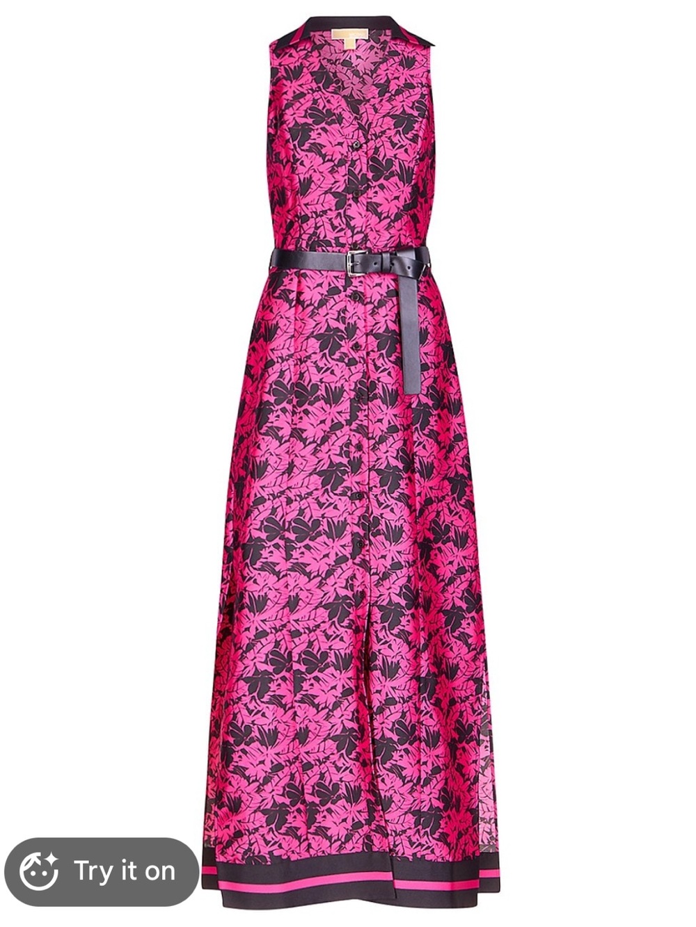 Michael Kors Satin Sleeveless Belted A-Line Maxi Dress, Palm